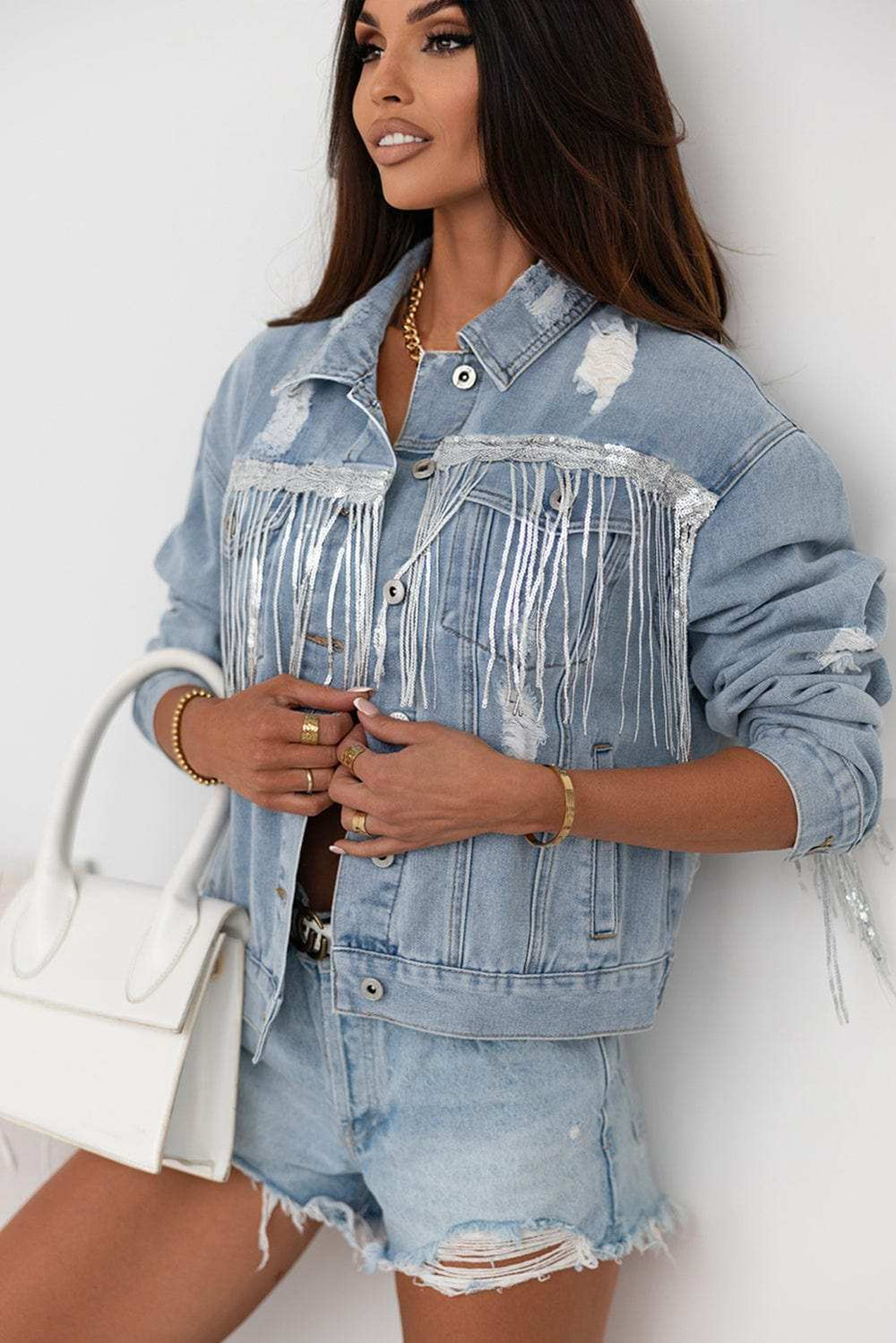 Sequin Fringe Trim Distressed Button Up Denim Jacket - Trendsi - Flyclothing LLC