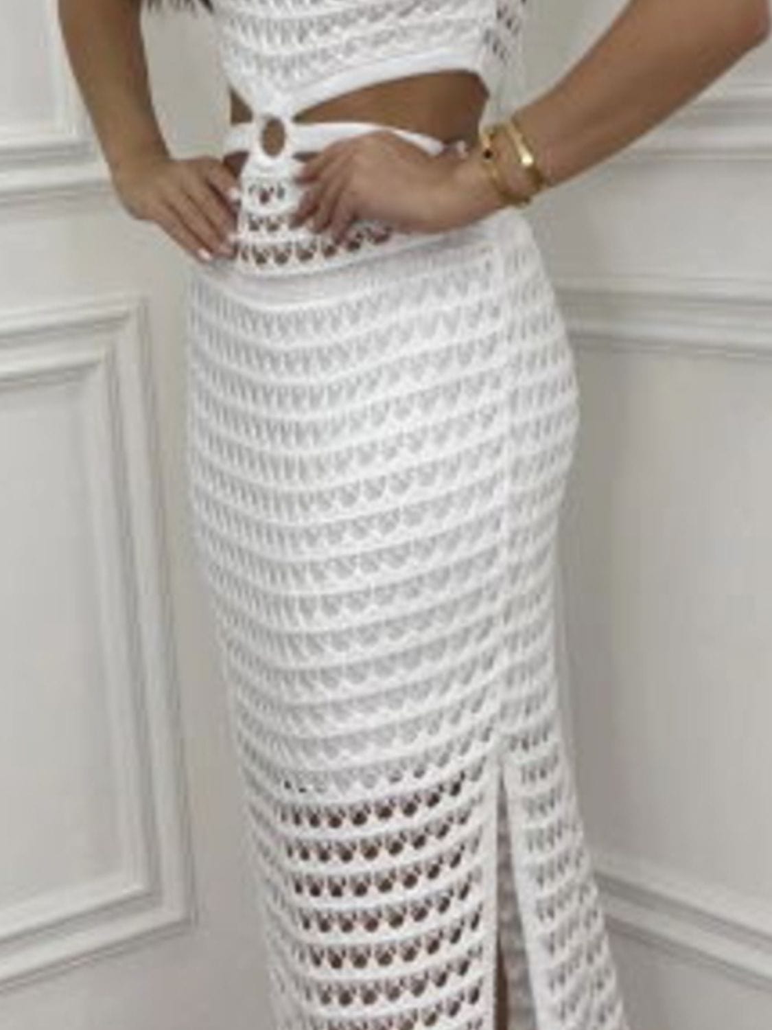 Cutout Slit Round Neck Sweater Dress - Trendsi