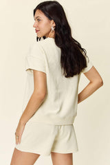 Double Take Full Size Texture Short Sleeve T-Shirt and Drawstring Shorts Set - Trendsi - Flyclothing LLC