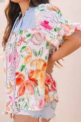 Floral Striped Yoke Frilled Tie Neck Puff Short Sleeve Blouse - Trendsi - Flyclothing LLC
