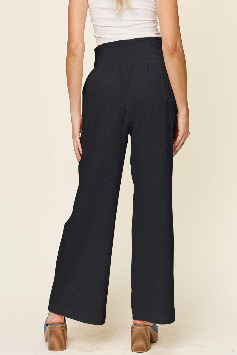 Double Take Full Size Texture Smocked Waist Wide Leg Pants - Trendsi - Flyclothing LLC