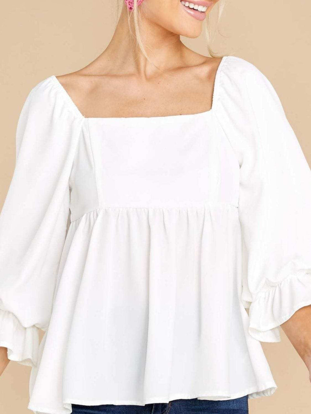 Smocked Square Neck Flounce Sleeve Blouse - Trendsi - Flyclothing LLC
