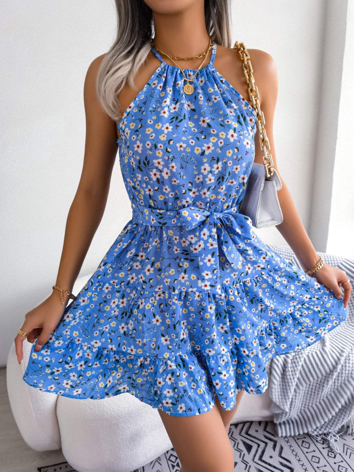 Tied Printed Grecian Neck Mini Dress - Trendsi - Flyclothing LLC