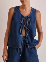 Tie Front Denim Vest - Trendsi - Flyclothing LLC