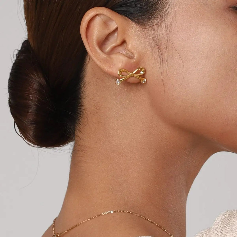 Stainless Steel Inlaid Zircon Bow Earrings - Trendsi