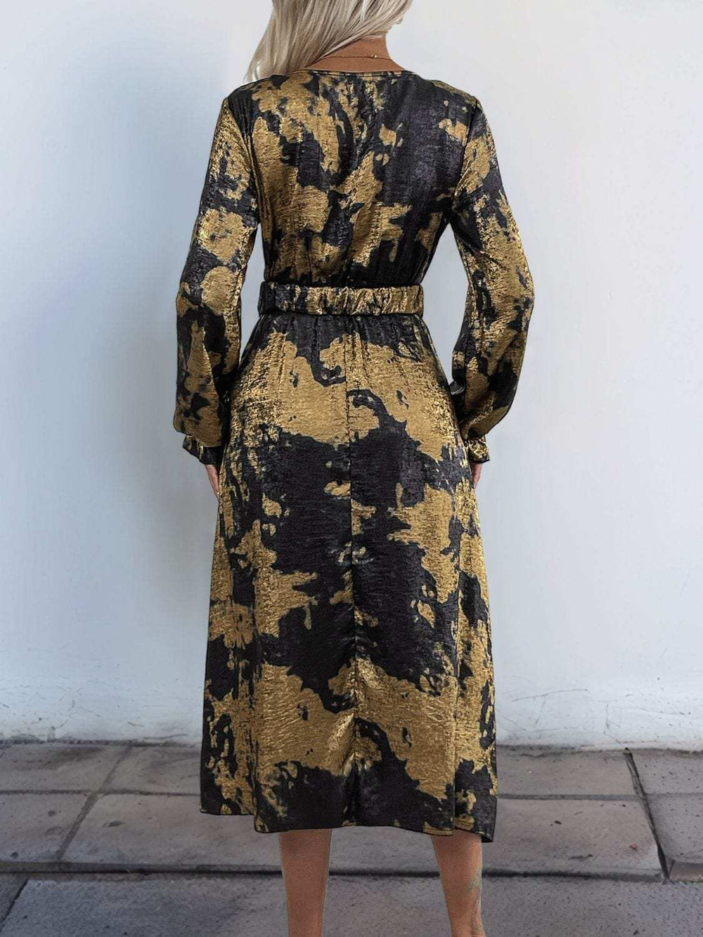 Perfee Printed Surplice Long Sleeve Midi Dress - Trendsi - Flyclothing LLC