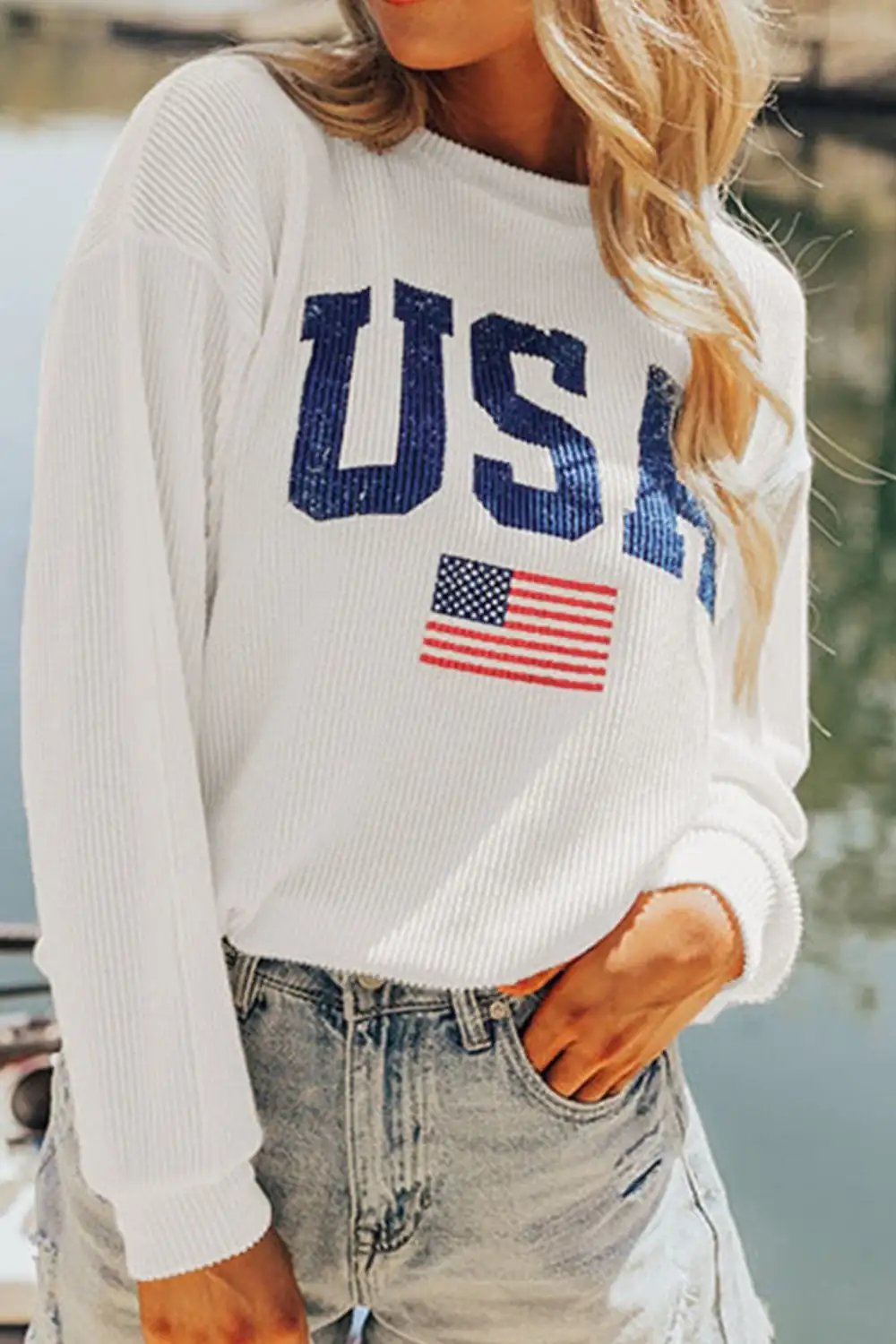 US Flag Corded Long Sleeve Sweatshirt - Trendsi
