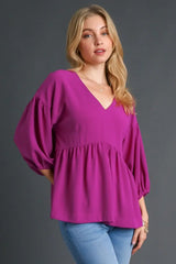 Umgee Full Size V-Neck Puffed 3/4 Sleeve Babydoll Blouse Plus Size - Trendsi - Flyclothing LLC