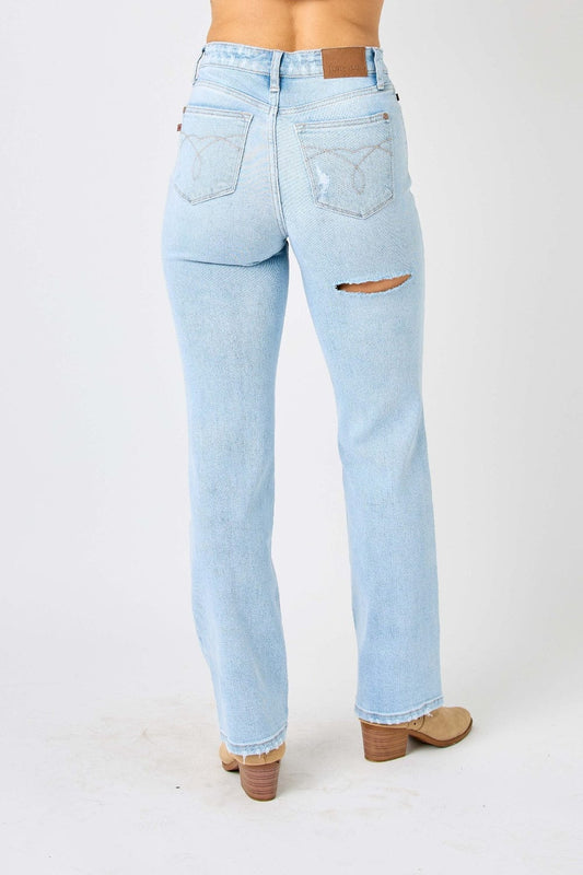 Judy Blue Full Size High Waist Distressed Straight Jeans - Trendsi