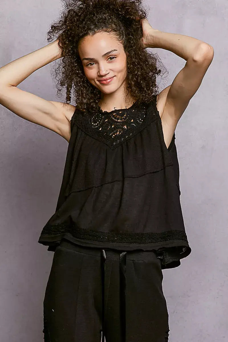 POL Round Neck Sleeveless Top with Crochet Contrast - Trendsi - Flyclothing LLC