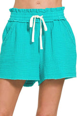 Zenana Double Gauze Elasticband Drawstring Waist Shorts - Trendsi - Flyclothing LLC