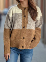 Color Block Round Neck Button Up Cardigan - Trendsi - Flyclothing LLC