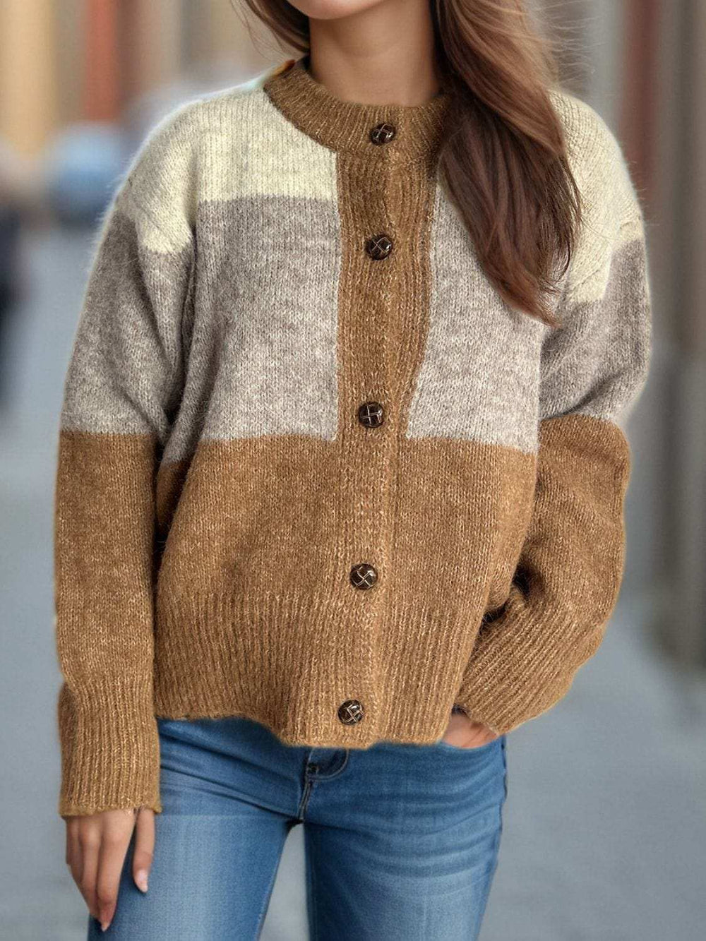 Color Block Round Neck Button Up Cardigan - Trendsi - Flyclothing LLC