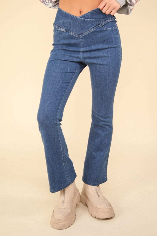 VERY J Washed Denim Stretchy Crossover Waist Leggings - Trendsi - Flyclothing LLC