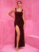 Slit Sequin Square Neck Wide Strap Dress - Trendsi - Flyclothing LLC