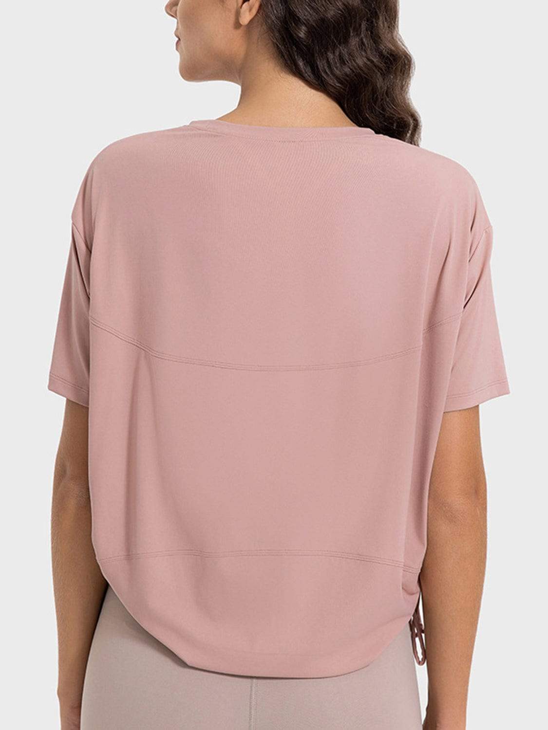 Drawstring Round Neck Short Sleeve Active T-Shirt - Trendsi - Flyclothing LLC