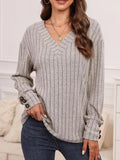 Ribbed V-Neck Long Sleeve T-Shirt - Trendsi