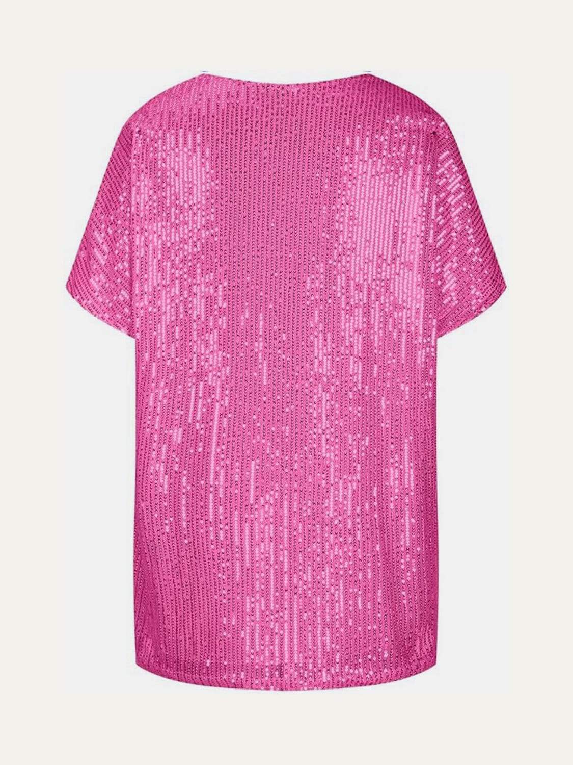 Full Size Sequin V-Neck Short Sleeve Top - Trendsi - Flyclothing LLC