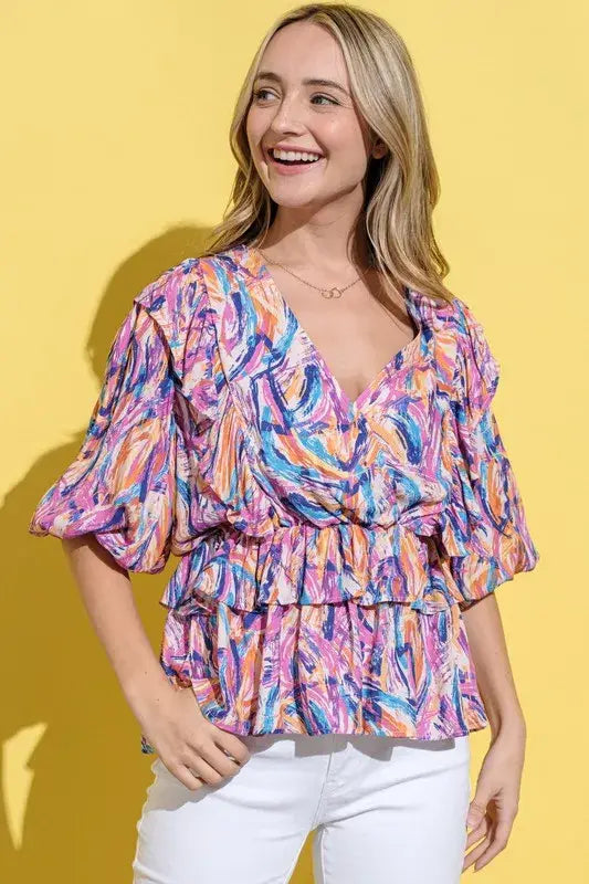 And The Why Printed Lantern Sleeve Blouse - Trendsi - Flyclothing LLC