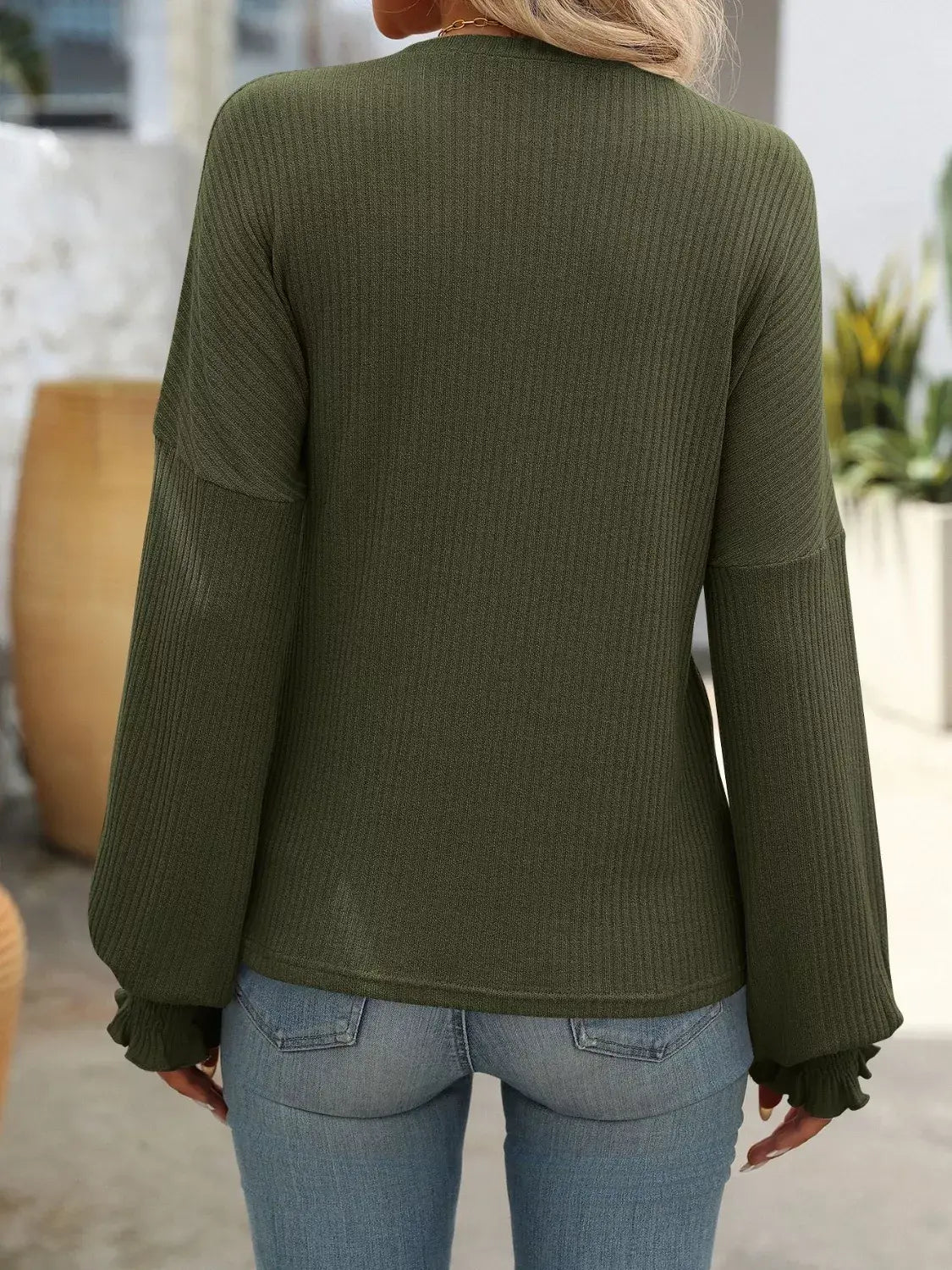 Ribbed Knit Ruffle Cuff T-Shirt - Trendsi - Flyclothing LLC