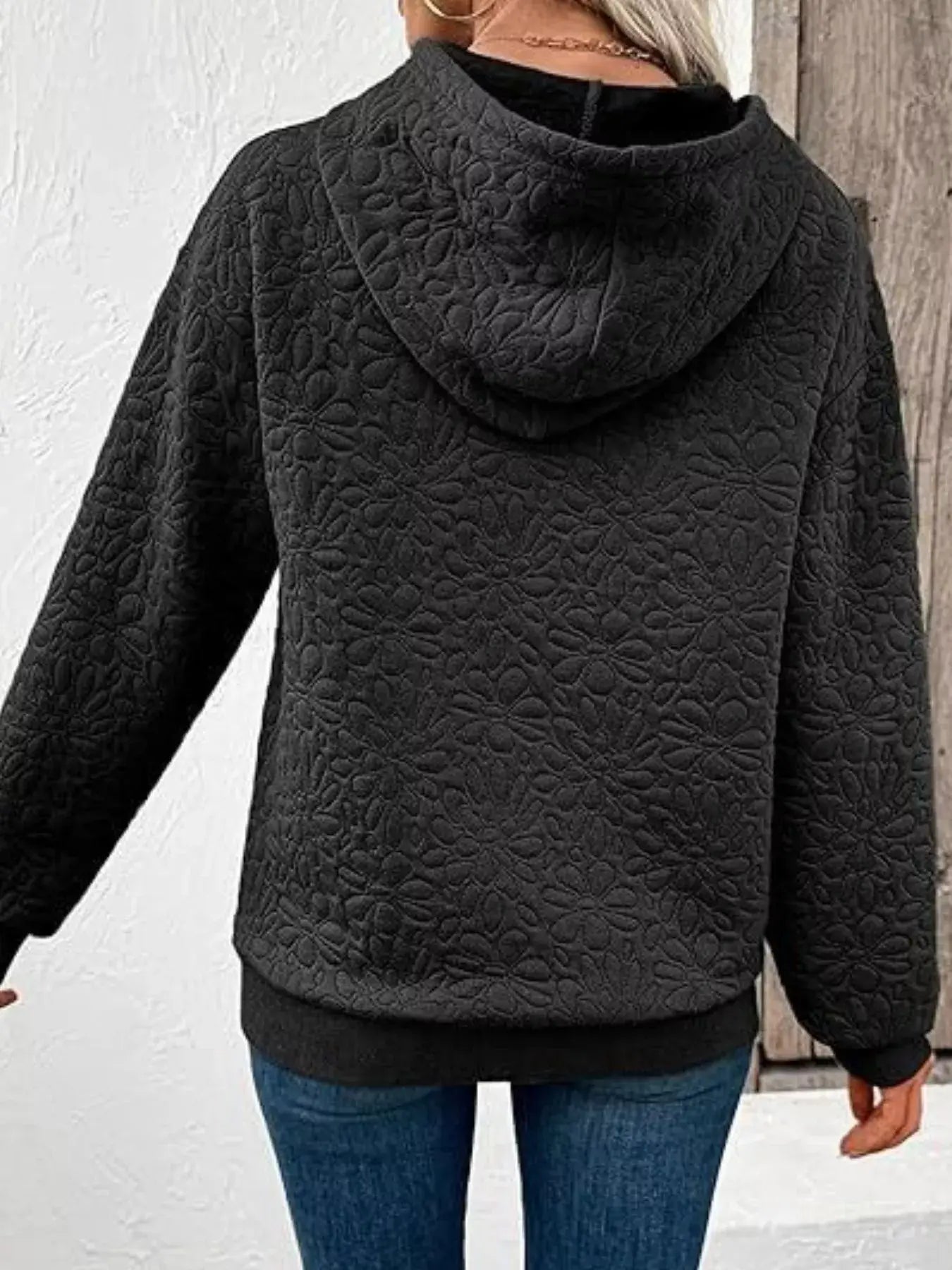 Textured Floral Quilted Hoodie - Trendsi - Flyclothing LLC