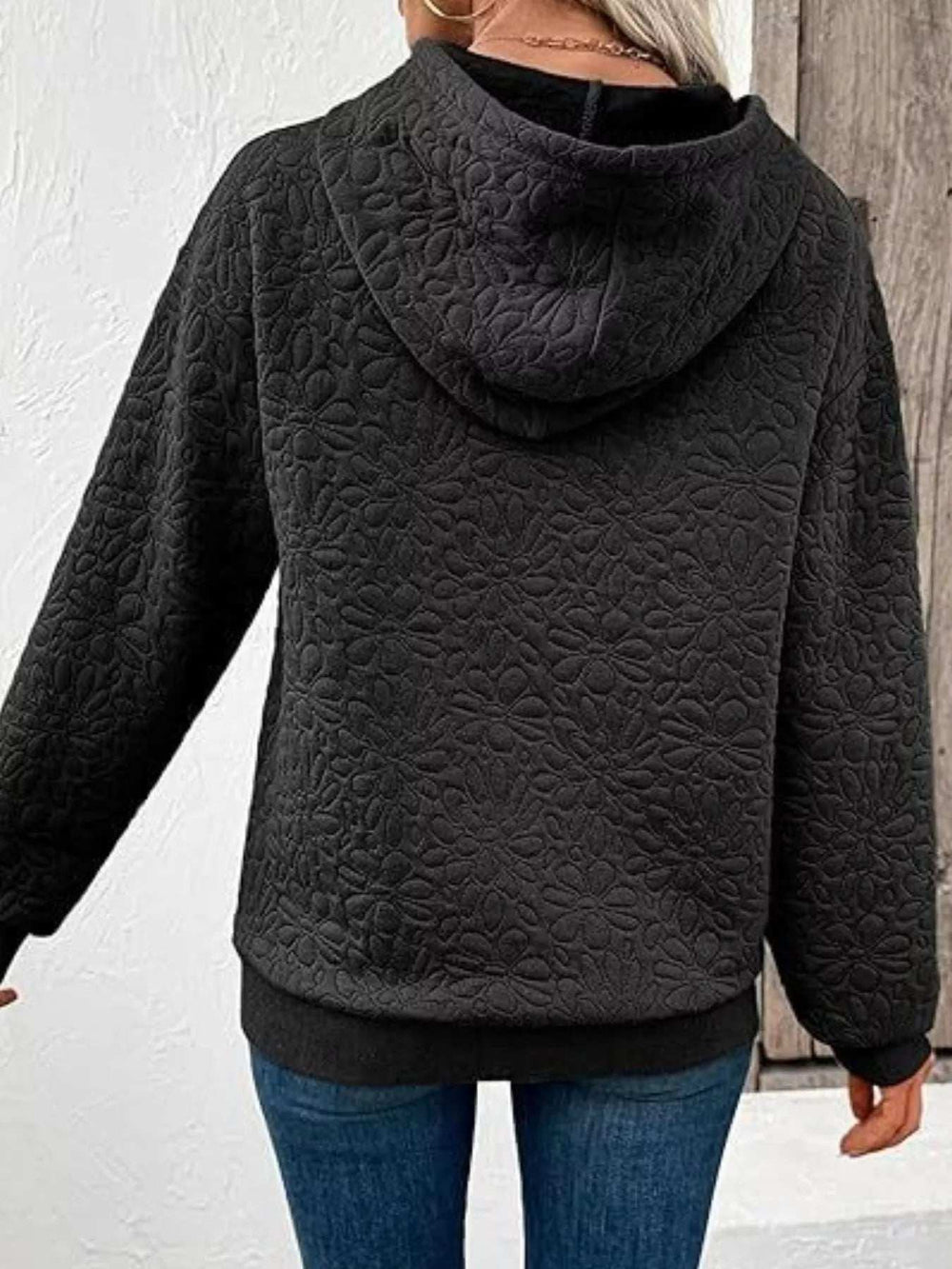 Textured Floral Quilted Hoodie - Trendsi - Flyclothing LLC