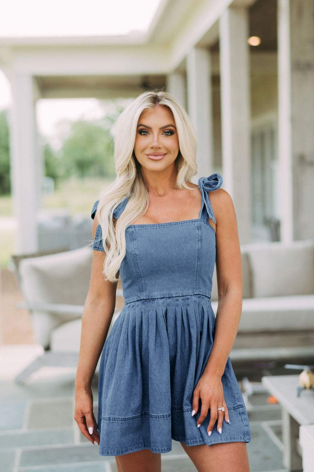 Square Neck Tie Shoulder Denim Dress - Trendsi - Flyclothing LLC