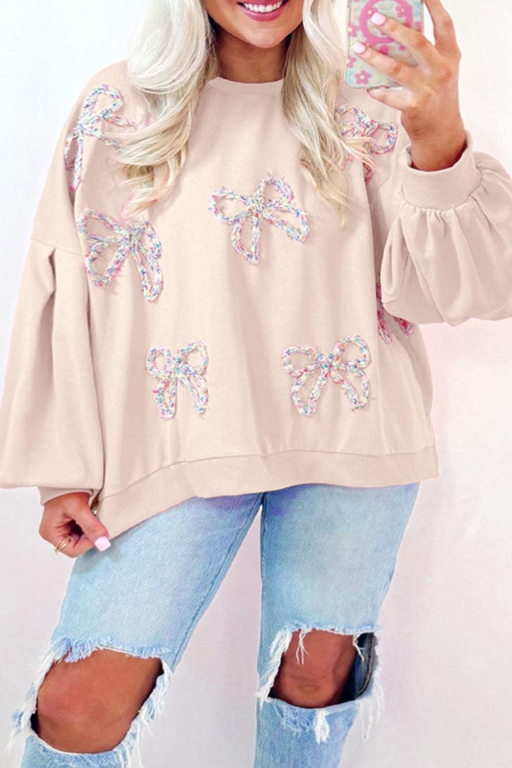 Bow Round Neck Long Sleeve Sweatshirt - Trendsi - Flyclothing LLC
