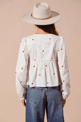 SO ME Front Tie Heart Embroidered Blouse With Puff Sleeve - Trendsi - Flyclothing LLC