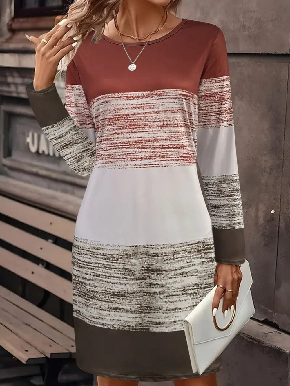 Color Block Round Neck Long Sleeve Dress - Trendsi