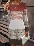 Color Block Round Neck Long Sleeve Dress - Trendsi