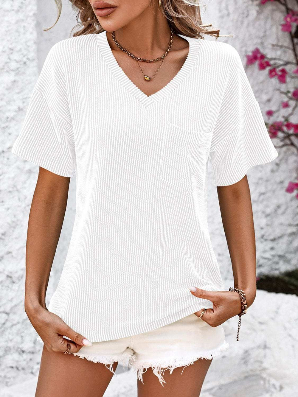 V-Neck Dropped Shoulder T-Shirt - Trendsi - Flyclothing LLC