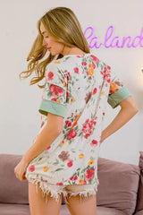 BiBi Floral Button Detail Round Neck Short Sleeve Terry T-Shirt - Trendsi - Flyclothing LLC