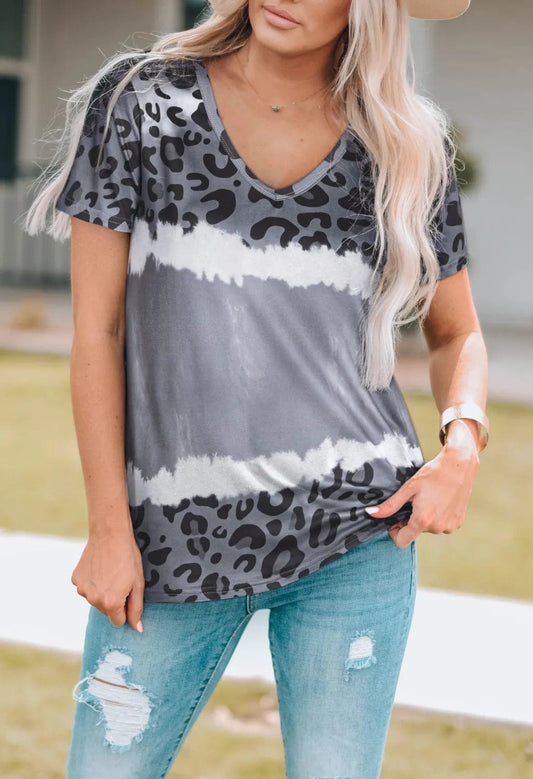 Leopard V-Neck Short Sleeve T-Shirt - Trendsi