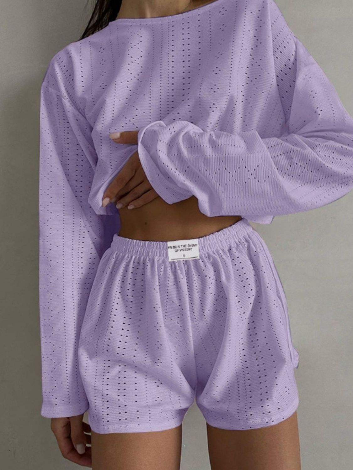 Eyelet Round Neck Top and Shorts Set - Trendsi - Flyclothing LLC