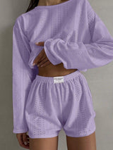 Eyelet Round Neck Top and Shorts Set - Trendsi - Flyclothing LLC