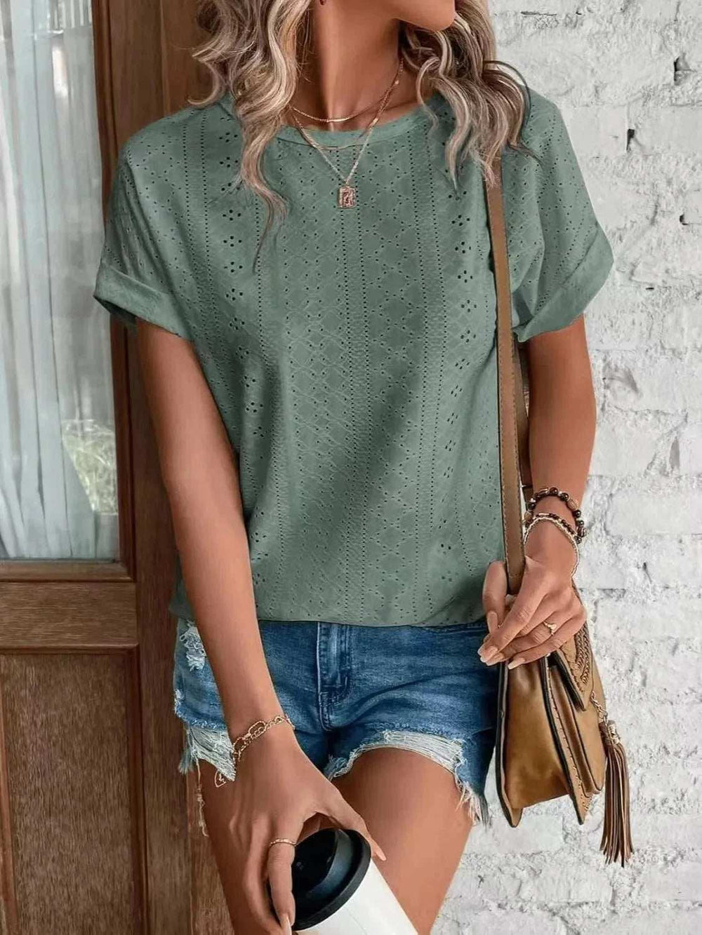 Eyelet Round Neck Short Sleeve T-Shirt - Trendsi - Flyclothing LLC