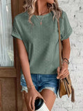 Eyelet Round Neck Short Sleeve T-Shirt - Trendsi - Flyclothing LLC