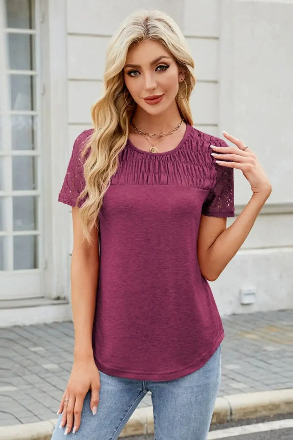 Smocked Round Neck Short Sleeve T-Shirt - Trendsi - Flyclothing LLC