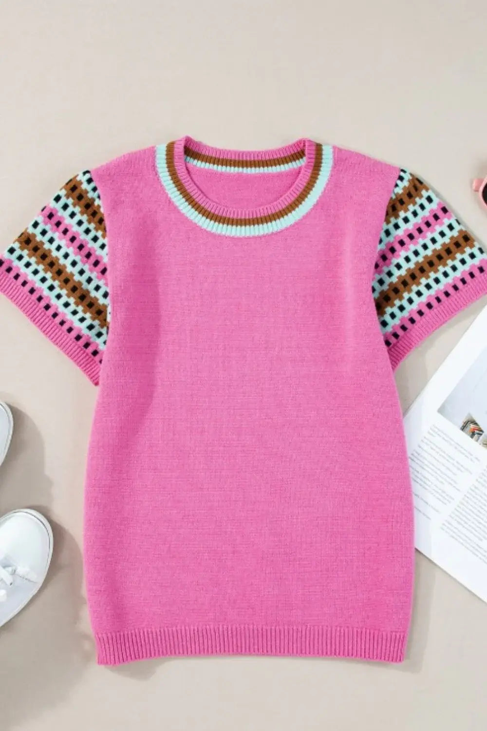Contrast Short Sleeves Round Neck Sweater - Trendsi - Flyclothing LLC