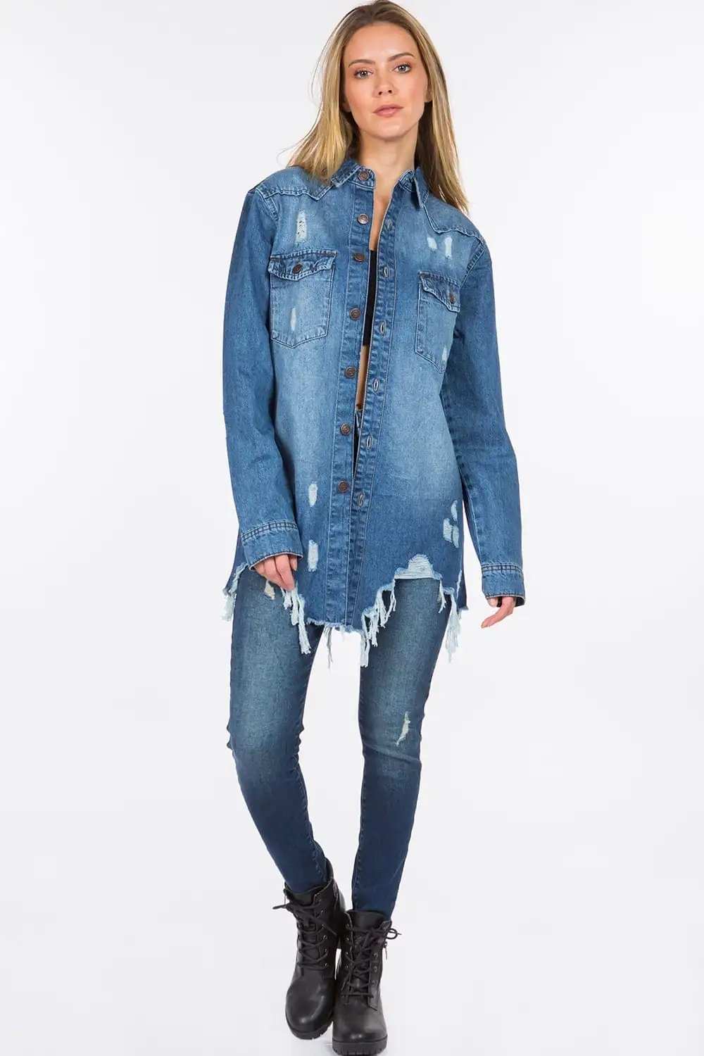 American Bazi Distressed Frayed Hem Denim Jacket - Trendsi - Flyclothing LLC