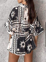 Printed Tie Waist Half Sleeve Romper - Trendsi - Flyclothing LLC