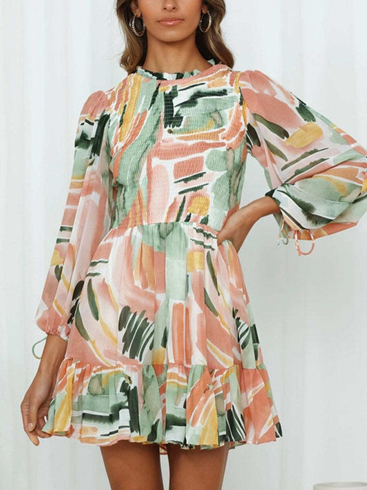 Printed Mock Neck Balloon Sleeve Mini Dress - Trendsi - Flyclothing LLC