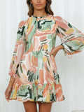 Printed Mock Neck Balloon Sleeve Mini Dress - Trendsi