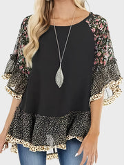 Full Size Frill Printed Round Neck Half Sleeve Blouse - Trendsi
