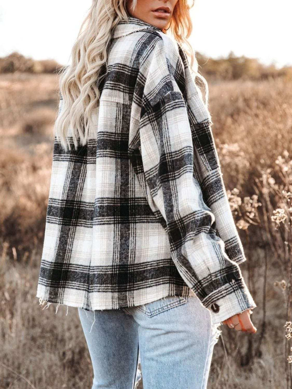 Pocketed Plaid Button Down Long Sleeve Shacket - Trendsi - Flyclothing LLC