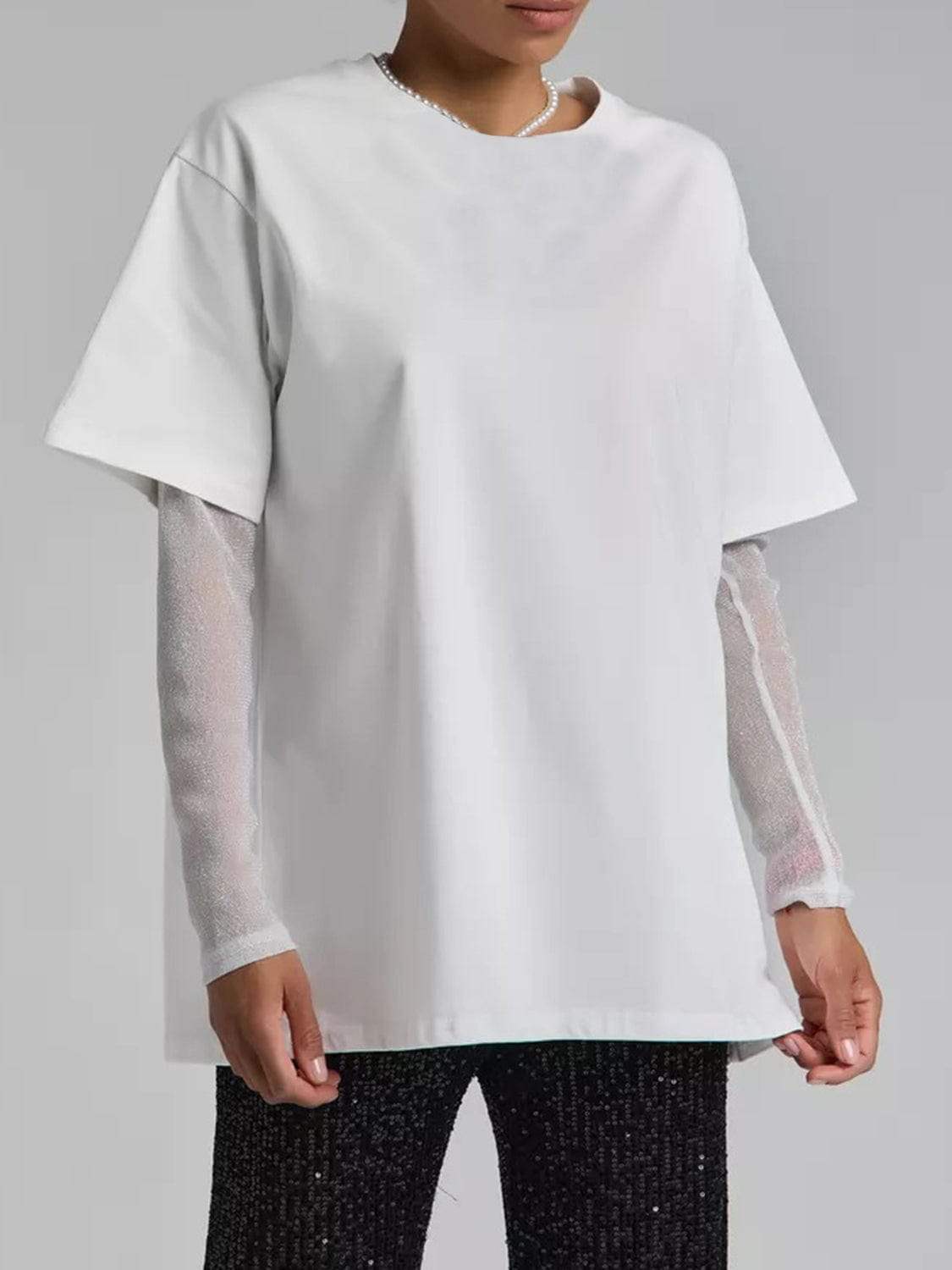 Faux Layered Round Neck Mesh Sleeve Top - Trendsi - Flyclothing LLC