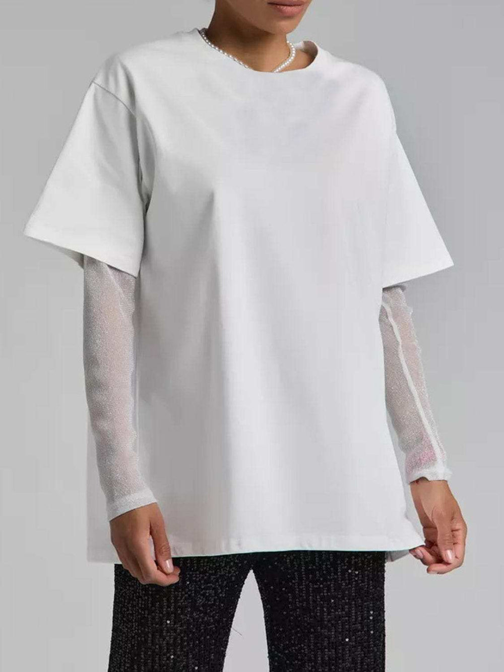 Faux Layered Round Neck Mesh Sleeve Top - Trendsi - Flyclothing LLC