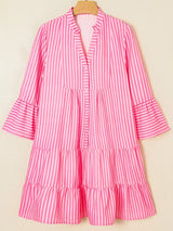Stripe Flare Sleeve Half Placket Tiered Flowy Mini Dress - Trendsi - Flyclothing LLC