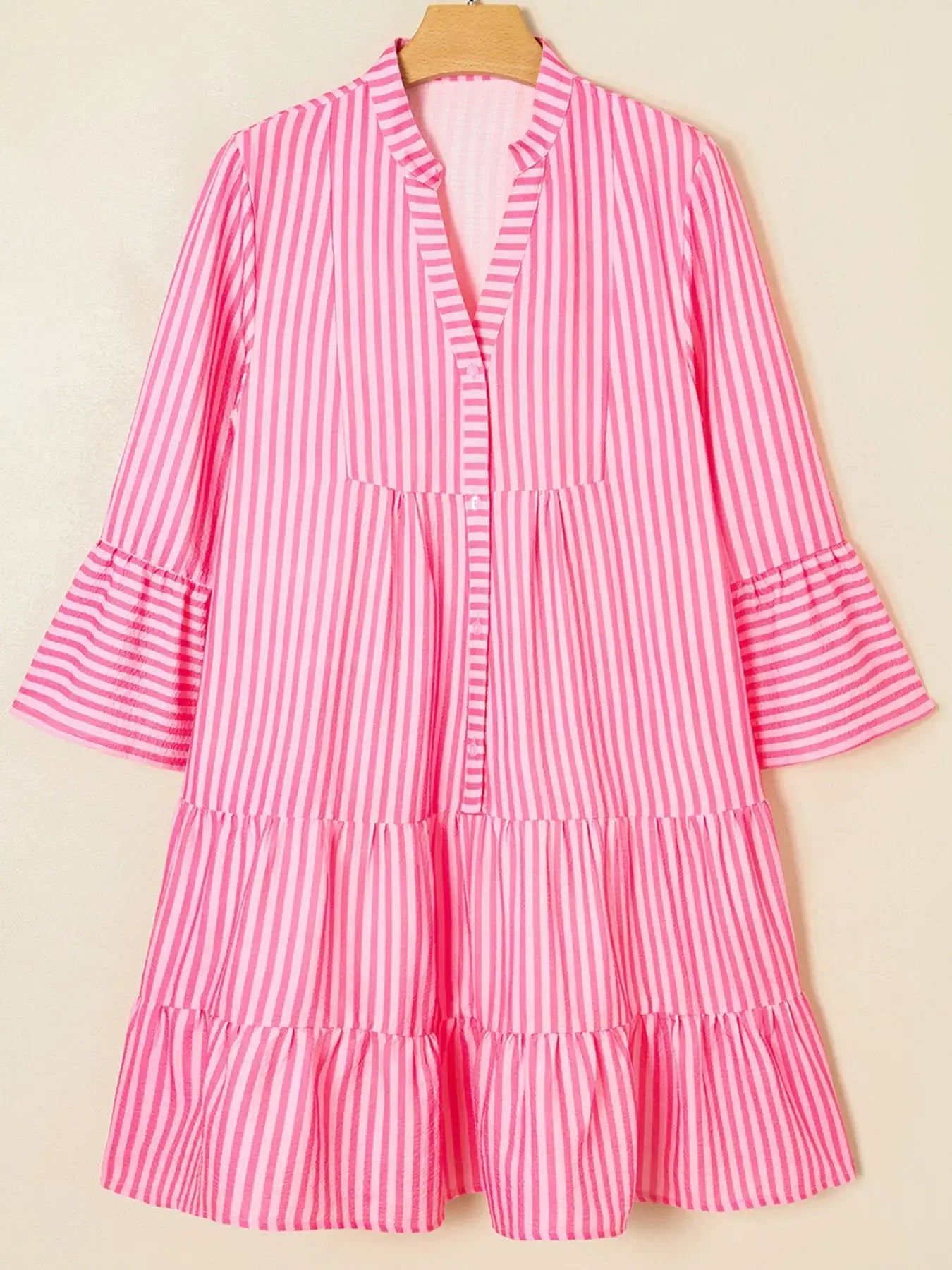 Stripe Flare Sleeve Half Placket Tiered Flowy Mini Dress - Trendsi - Flyclothing LLC